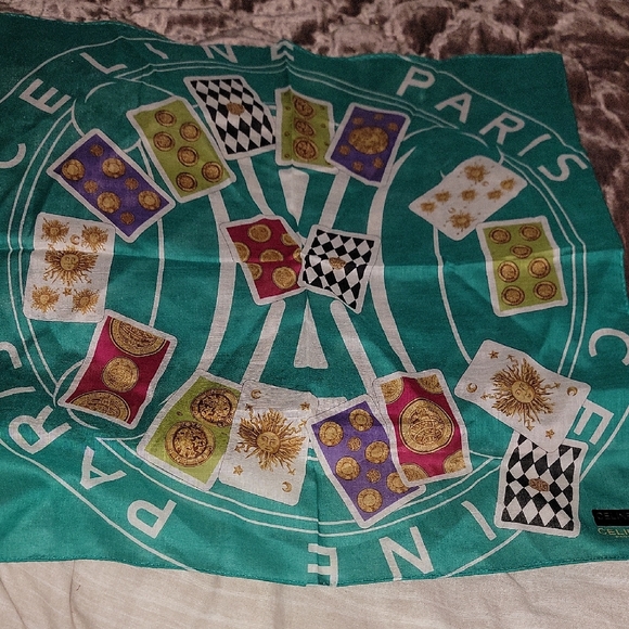 Celine Paris Teal Silk Scarf with Card Design - Picture 1 of 4